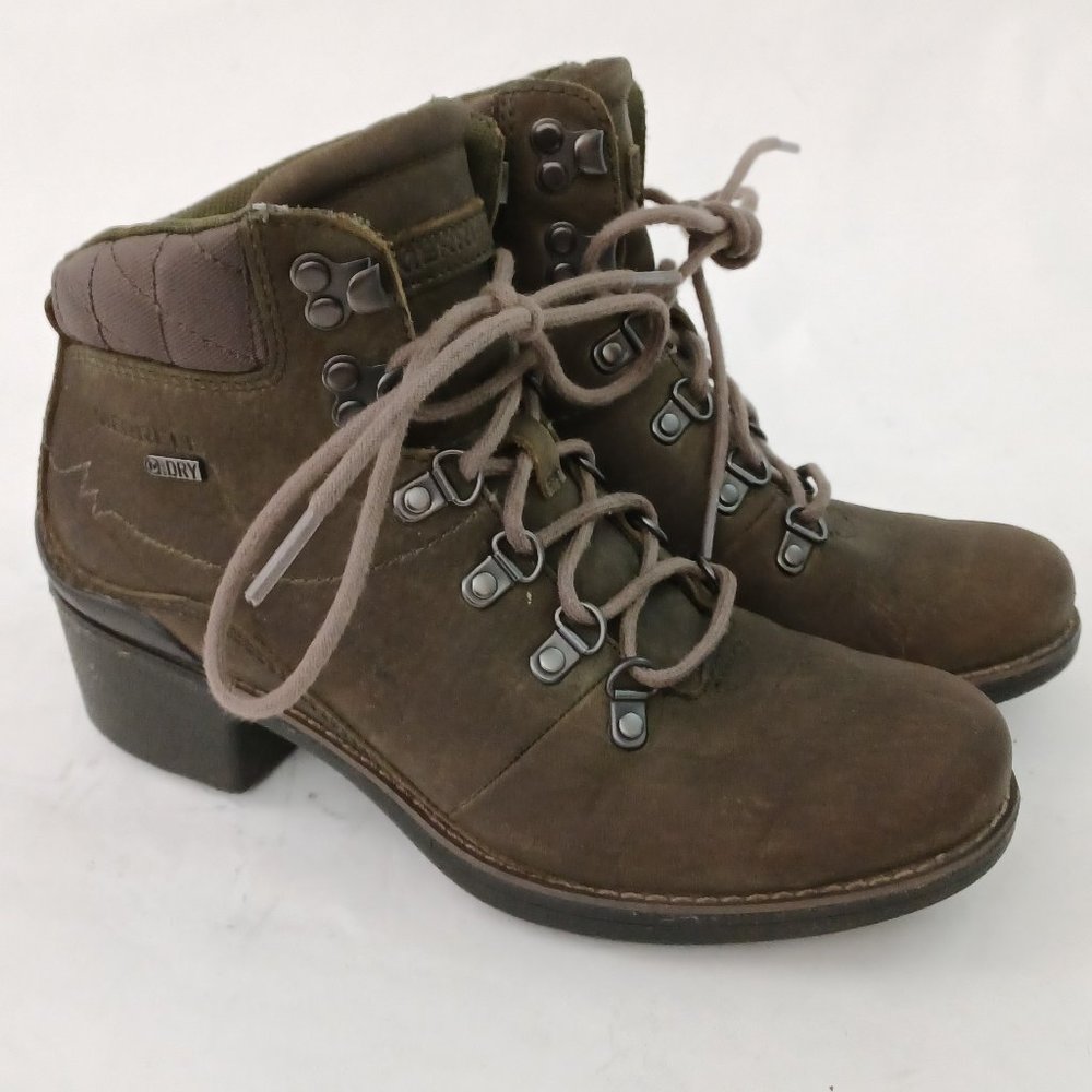 🌄🫒 Merrell 'Dusty Olive' Green Leather Waterproof 💦 Lace Up Boots Size 7 🫒🌄